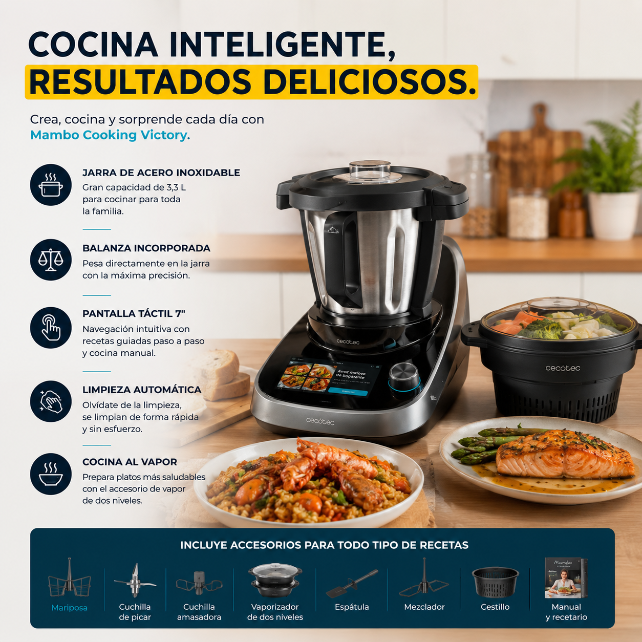 Mambo Cooking Victory – Robot de Cocina Multifunción con Dispensador Inteligente, 45 Funciones y Jarra Victory 4,5L