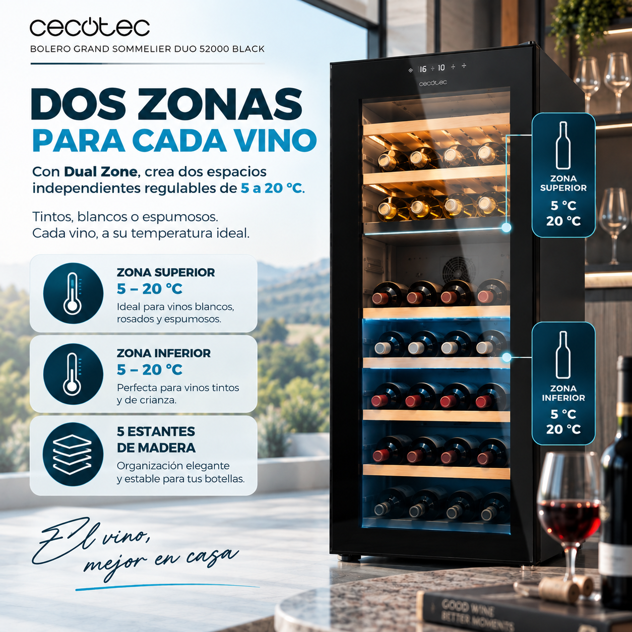Dos temperaturas. Una vinoteca. Cada vino en su punto.