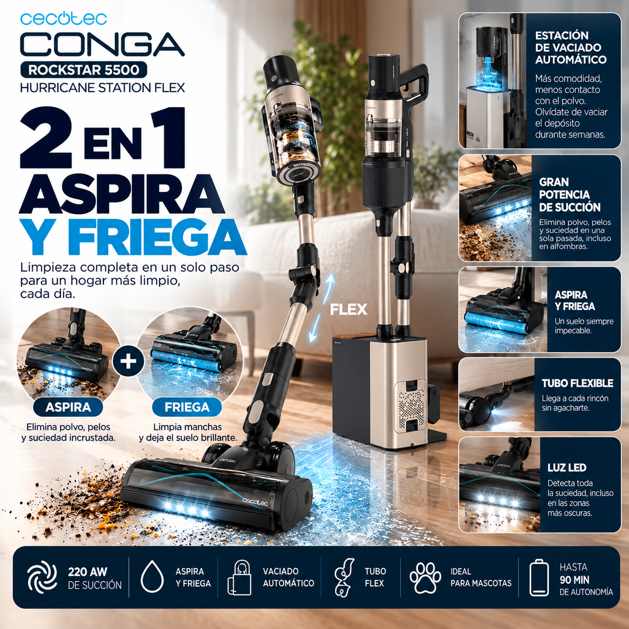 Aspira y friega en una sola pasada. Limpieza sin complicaciones.